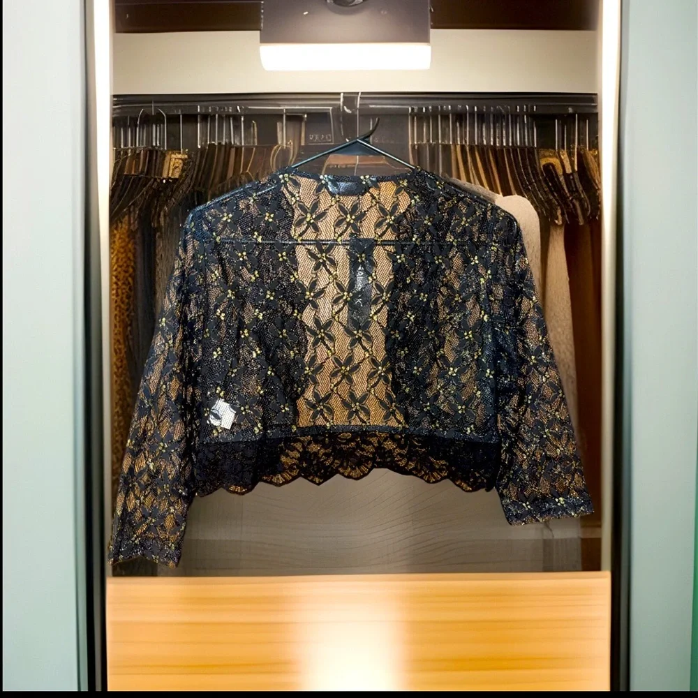Black Bolero Shrug Top Sheer Sequin Lace W/Floral Pattern Crop Cardigan NWT